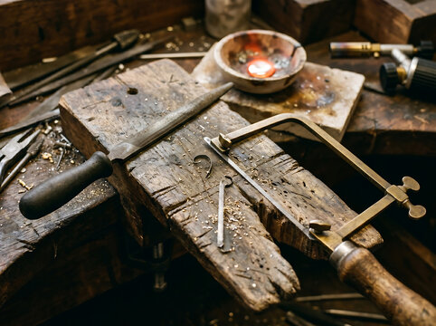 Jewelry making tools and equipment on a wooden workbench in a workshop