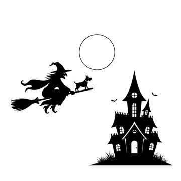 Silhouette of witch on broomstick flying.