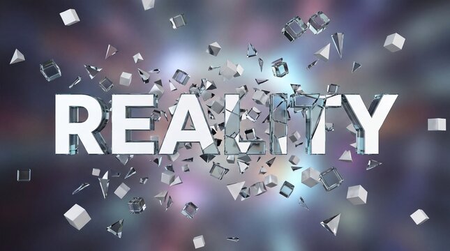Abstract fragmented word Reality exploding into pieces against a blurred cosmic background representing the concept of shattering perceptions