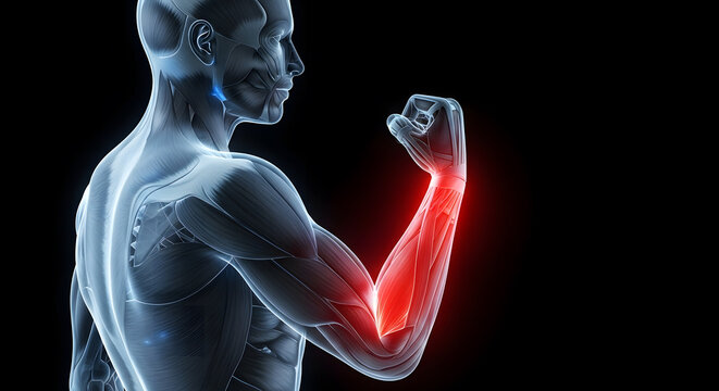 Anatomical 3D Illustration of Human Arm Muscles with Red Pain or Tension Glow on Forearm and Biceps