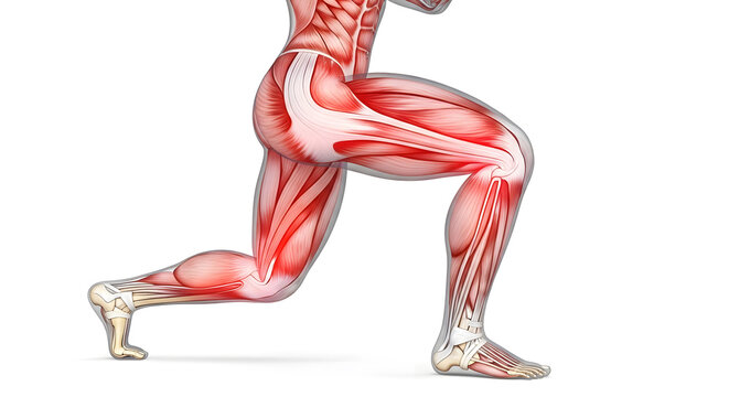 Anatomical 3D Illustration of Human Leg Muscles Performing Lunge Exercise on White Background