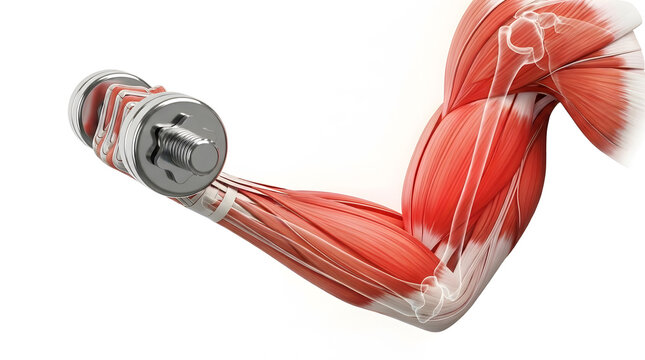 Anatomical 3D Illustration of Human Arm Muscles Performing Dumbbell Curl Exercise on White Background