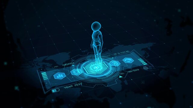 Futuristic Holographic Interface with Digital Human on World Map Display