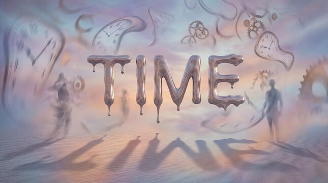 Striking surreal illustration capturing the fluid essence of time with melting typography and distorted clocks in an ethereal landscape