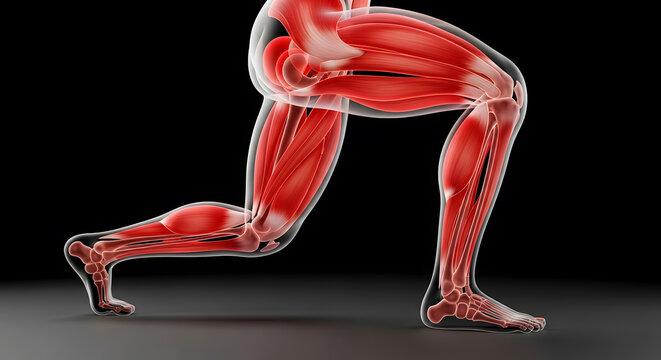 Human Lower Body Muscular System Visualization Highlighting Leg Muscles during Lunges Workout