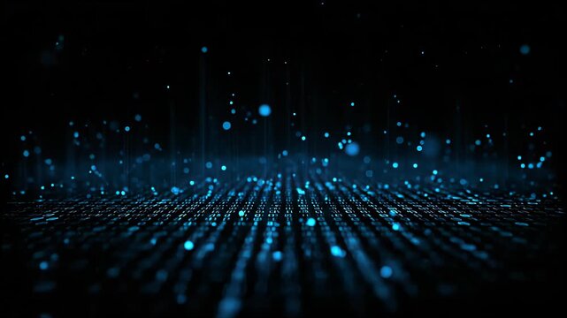 A mesmerizing abstract image depicts a flowing stream of binary code illuminated with vibrant blue light, suggesting a digital network or futuristic technology.