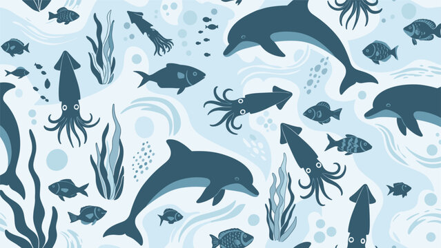Dynamic ocean pattern featuring dolphins, squids, and schools of fish swimming in blue waters with seaweed for a sea life theme.