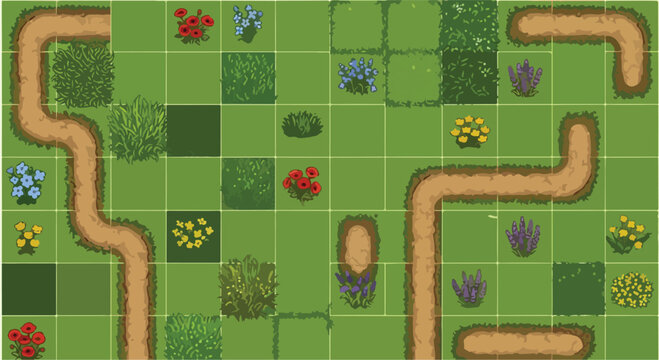 Pixel art game tileset with grass and dirt paths, 2D top-down meadow landscape map, retro gaming environment with flowers and bushes vector