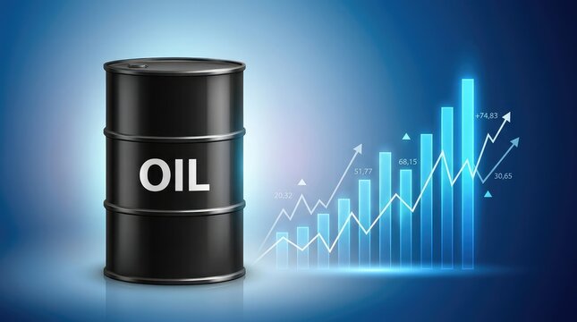 Crude oil price increase black barrel with financial growth chart and rising arrows