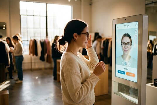 Young woman using a digital virtual try-on kiosk to choose glasses in a modern clothing boutique