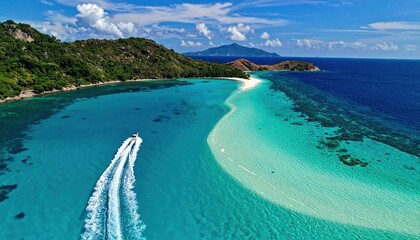 Obraz premium Aerial view of a speedboat cruising through turquoise water near a tropical island sandbar.