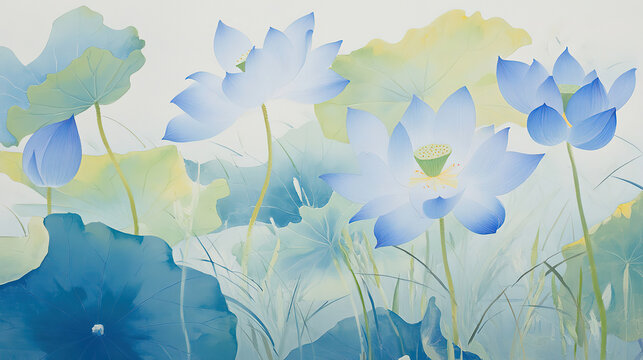 Traditional Chinese landscape style blue lotus and grass delicate line work graceful strokes soft elegant colors harmonious composition close up high resolution quality