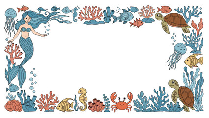 Obraz premium Rectangular border frame composed of various hand drawn sea creatures like a mermaid, turtle, jellyfish, and coral on a clean white background.