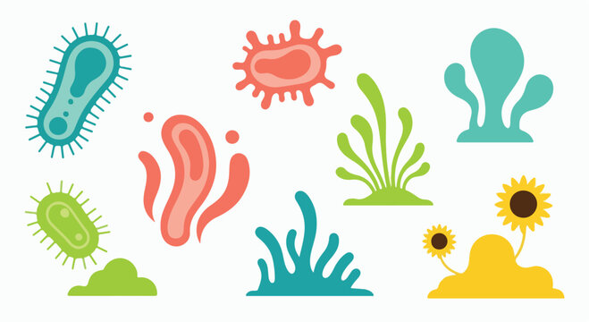 Microscopic bacteria and virus icons set, colorful microorganism and germ vector illustrations, biological cell and pathogen collection for science education