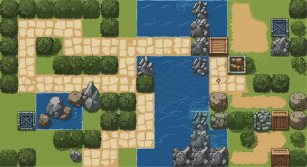 Fototapeta premium Pixel art game level map, retro 2D top-down fantasy landscape with stone paths and water, vintage RPG world building tileset vector