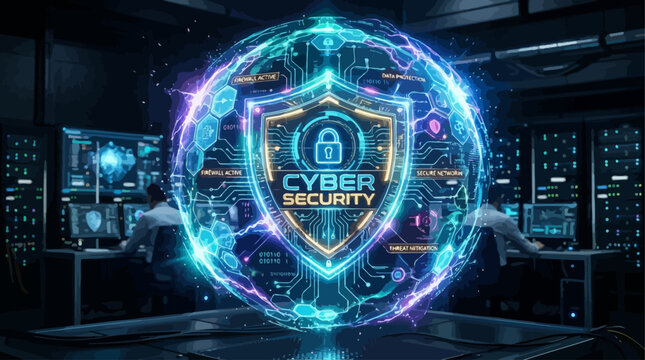 Immersive digital defense system showcasing a holographic cybersecurity shield protecting global networks and sensitive data within a high-tech environment