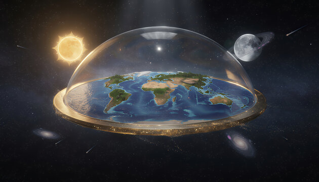 Earth under glass dome in space, miniature world, flat earth concept