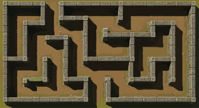 Isometric stone maze vector illustration, ancient dungeon labyrinth with gray brick walls, top view puzzle game map for strategy and adventure
