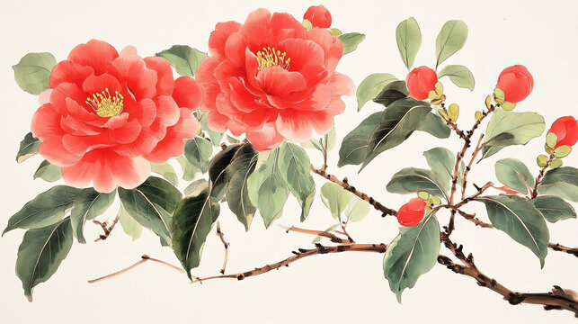 Traditional Chinese painting red mountain tea flower green foliage buds white background uncluttered composition fine lines bright colors detailed floral elements simple beauty