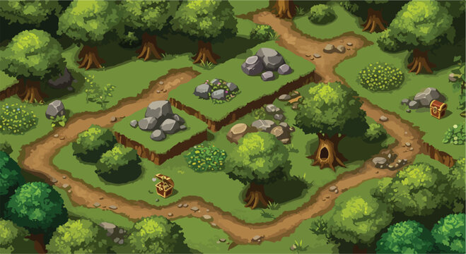 Isometric forest game level design, cartoon woodland landscape with dirt paths and green trees, fantasy RPG map environment vector