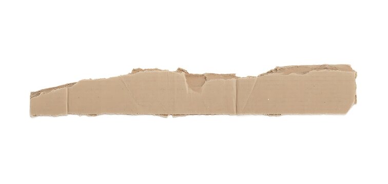 Single piece of torn brown corrugated cardboard strip with rough edges isolated on a white background