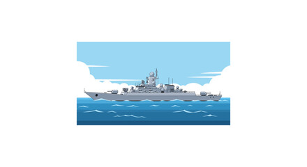 Modern naval warship sailing on calm ocean waters under clear blue sky. © MzBee