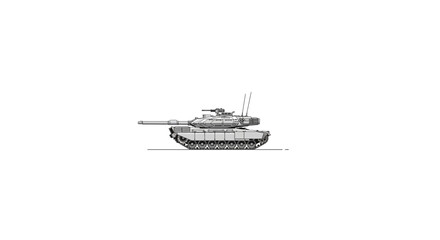 Detailed side view illustration of a modern military tank in black and white. © MzBee