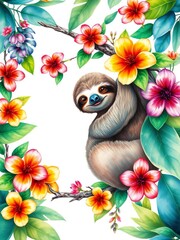 Fototapeta premium Tropical watercolor sloth illustration with bright flowers, leaves and vines, purple, close up
