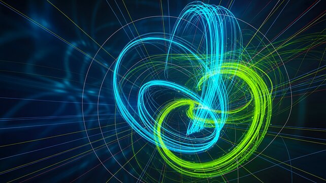 Abstract blue and green glowing infinity loop with futuristic digital energy background