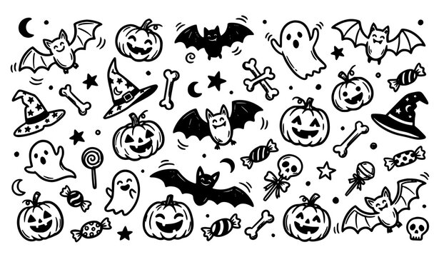 Playful Halloween bat clipart collection with hand drawn cute spooky elements isolated on white background