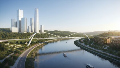 Fototapeta premium City skyline with modern arch bridge over river, sunlit urban waterfront