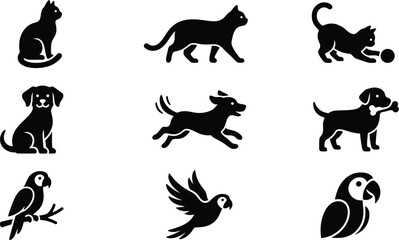 Obraz premium Cute pet icons set featuring cats dogs and parrots in black solid style isolated on transparent background for graphic design.