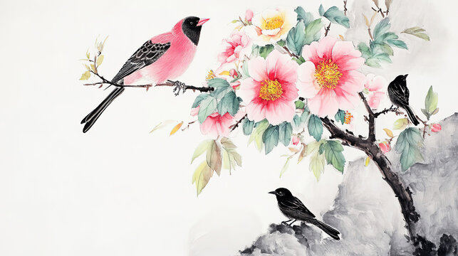 Traditional Chinese meticulous painting pink magpie on branch white background fine lines light green leaves scattered petals black birds resting detailed masterwork high definition dof