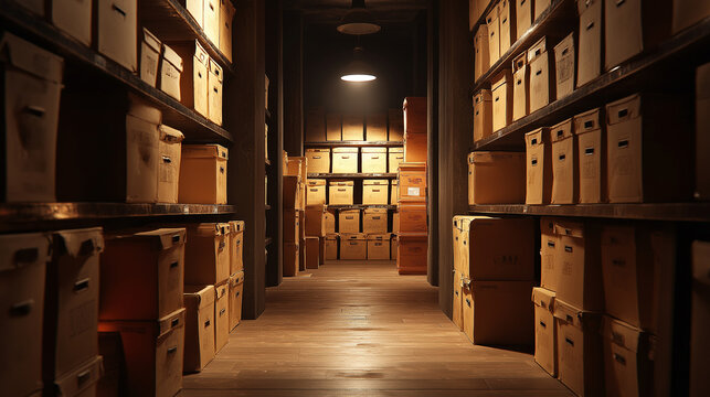 Dimly lit archive room with rows of cardboard storage boxes on metal shelves