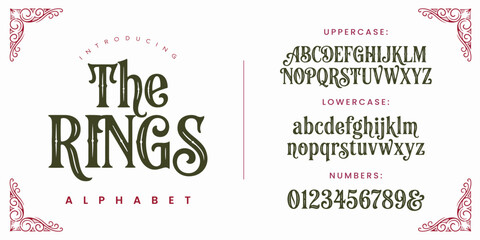The Rings Vintage Decorative Serif Alphabet Font with Classic Victorian Style Ornament for Logo Branding © happy