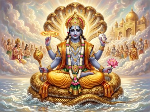 Eternal Vishnu Resting on Cosmic Serpent