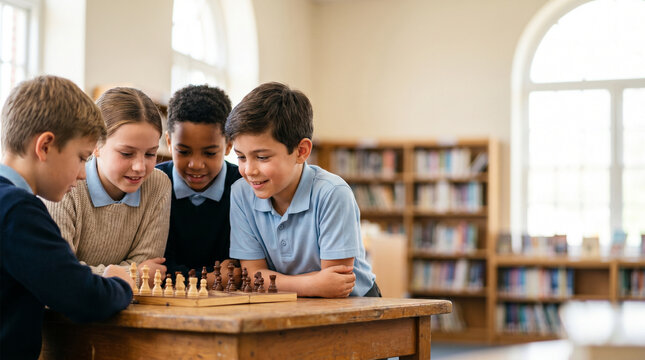 School kids eagerly playing chess at a wooden table in a bright library, surrounded by shelves filled with books, natural light streaming through large windows