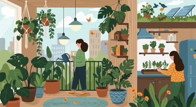 Sustainable urban lifestyle vector illustration, eco friendly apartment balcony with plants, woman gardening in green city home with solar panels