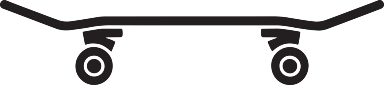 Minimalist black silhouette illustration of a classic skateboard with 4 visible wheels