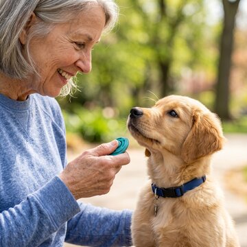 Happy senior woman using a training clicker to teach her Golden Retriever puppy in a sunny park