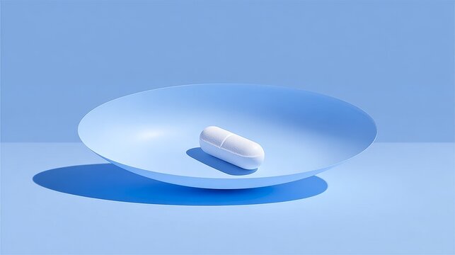 White paracetamol pill with a broad blue halo, minimalistic concept of pain relief and healthcare, isolated on clean background with modern medical design and wellness theme