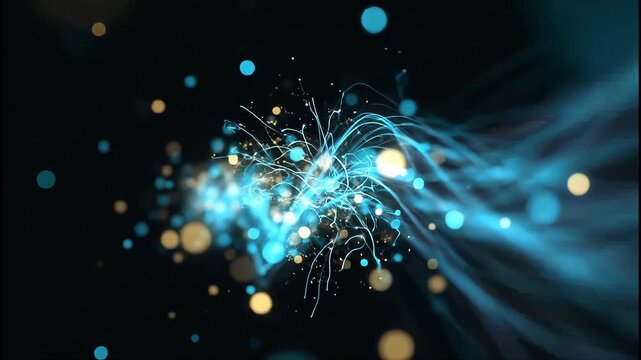 A mesmerizing abstract image showcases flowing blue lines interwoven with shimmering gold orbs against a deep black background, creating a sense of dynamic energy and futuristic beauty.