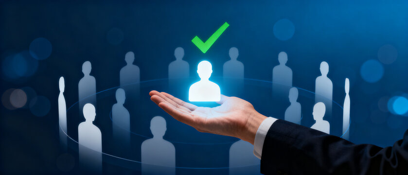 Hand selecting a qualified candidate from a crowd of silhouettes, symbolizing recruitment and talent acquisition in a digital environment