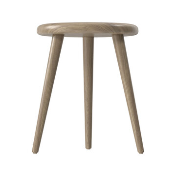 Round Solid Wood Stool with Three Tapered Legs, Front View on White Background