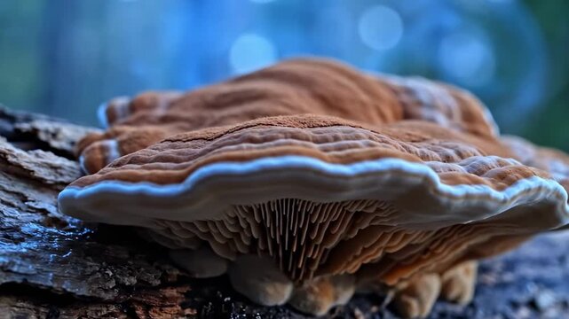 Shelf fungus in cool blue forest shade, low angle macro of layered bracket mushroom with cream rim and detailed underside pores, wet bark texture, moody woodland decay atmosphere closeup scene