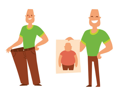 Man wearing oversized pants, green shirt, brown pants, smiling, holding weight loss photo. Celebrating weight loss achievement, healthy lifestyle transformation, fitness journey, isolated white