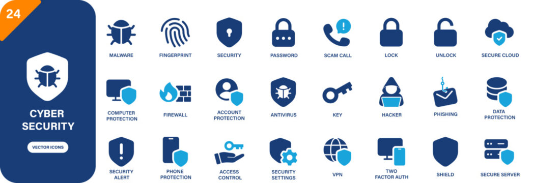 Cyber security icon collection featuring firewall, malware, access control, security alert, account protection and phishing symbols. Solid vector icons.