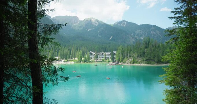 Lago Di Braies and Hotel Lago di Braies, Dolomites, Italy