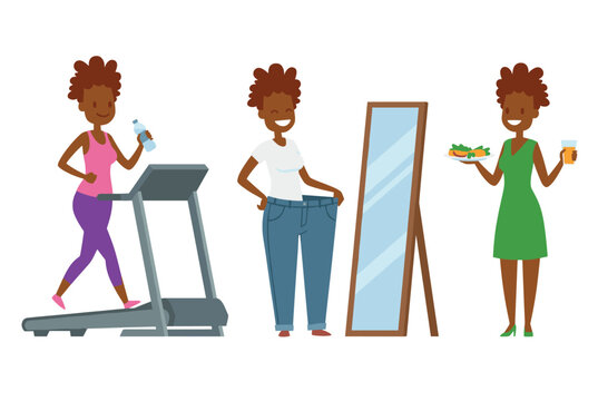 African American woman treadmill exercising fitness water bottle workout, losing weight, mirror reflection, oversized jeans, healthy salad juice glass balanced nutrition. Flat vector artistic