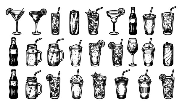 Summer drinks black and white vector illustration cocktail juice sketch set